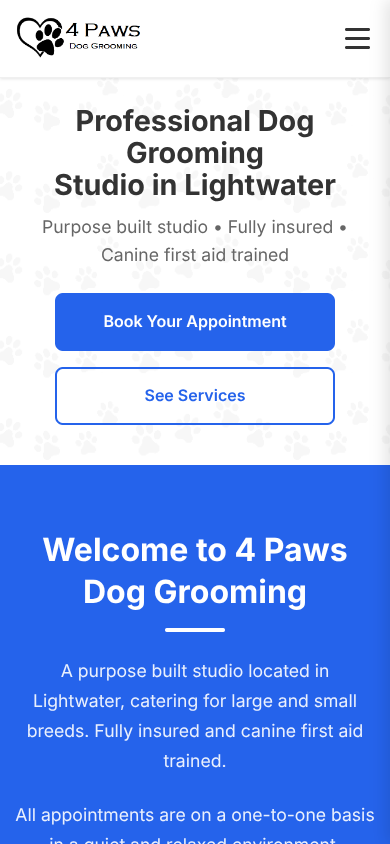 4 Paws Dog Grooming mobile website design by Vertibase