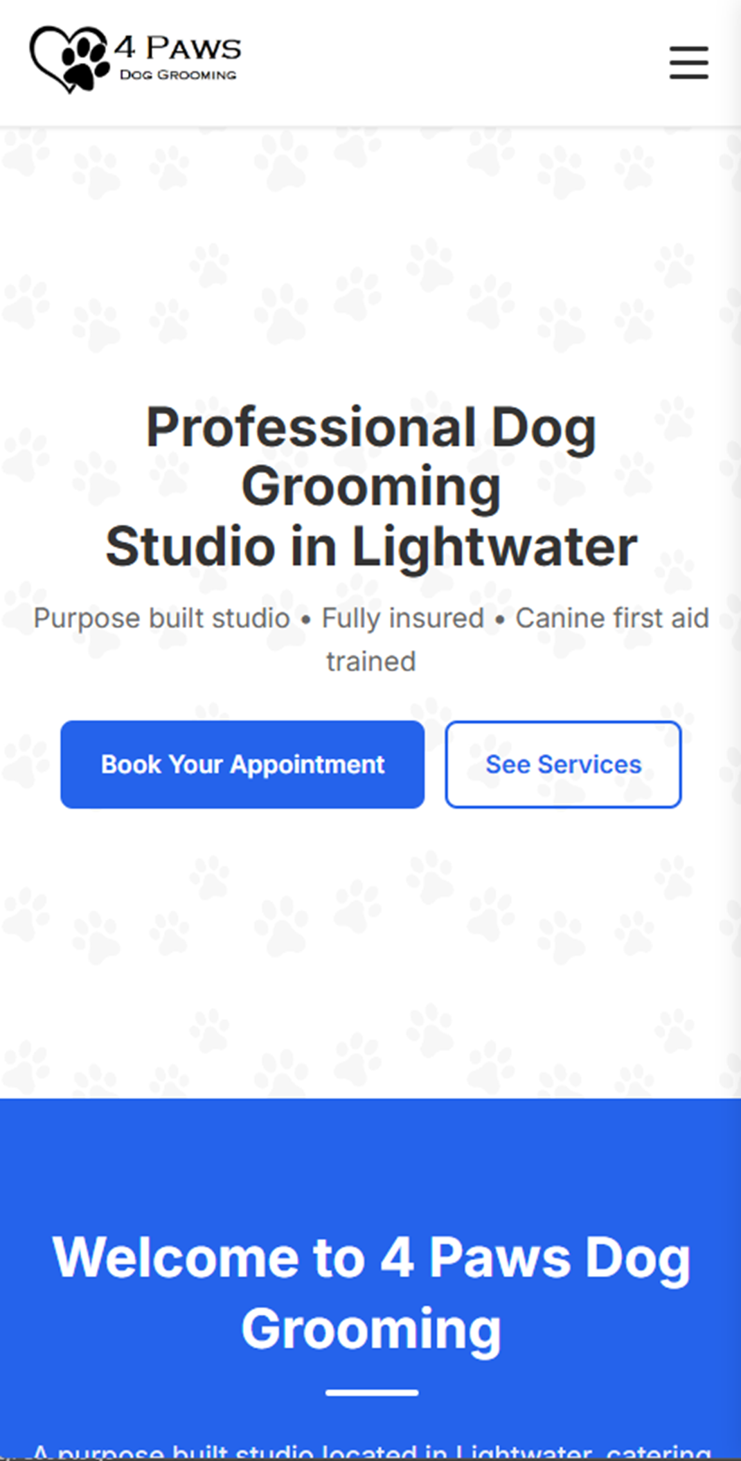 4 Paws Dog Grooming mobile website design by Vertibase