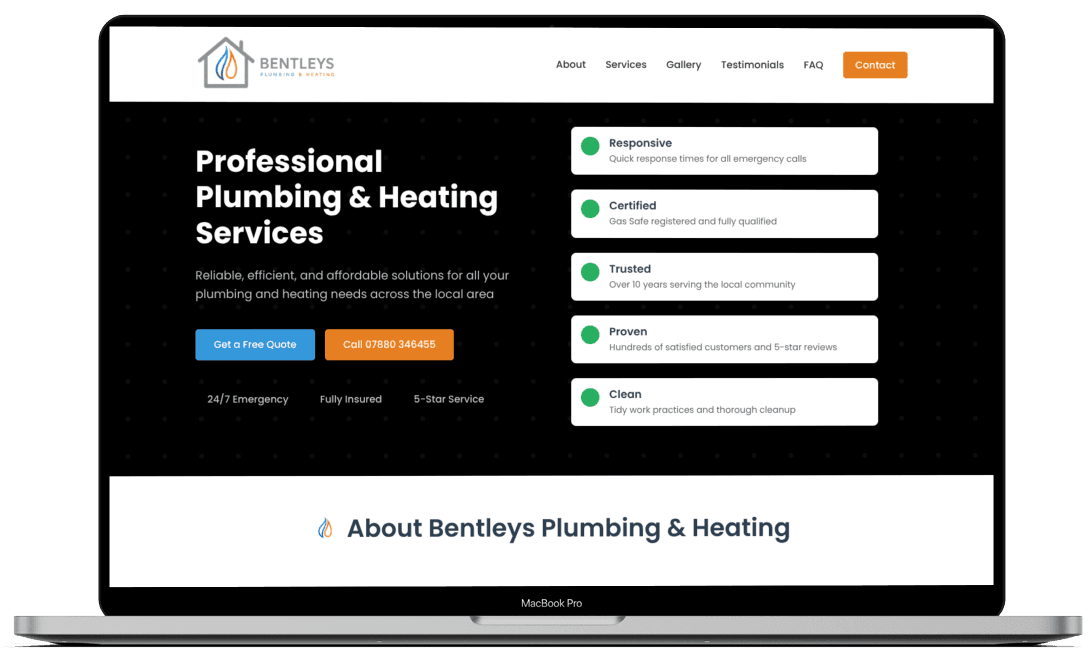 Bentleys Plumbing & Heating website example on MacBook Pro