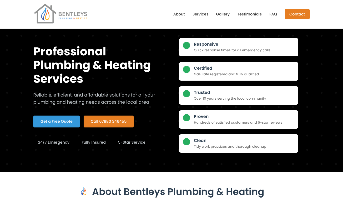 Bentleys Plumbing & Heating desktop website design by Vertibase
