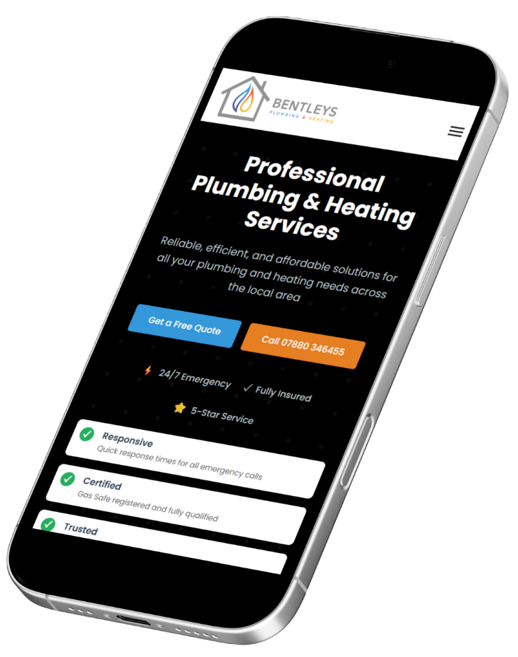 Bentleys Plumbing & Heating website displayed on a modern smartphone, showcasing responsive design