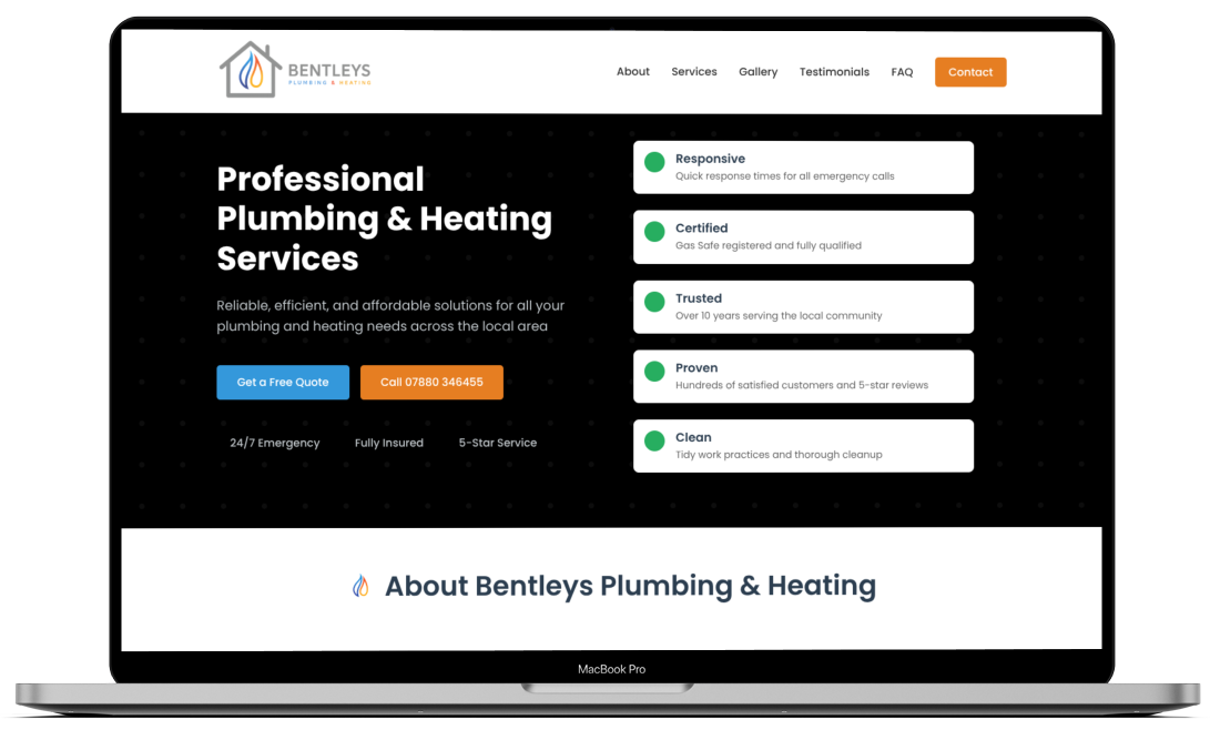 Bentleys Plumbing & Heating website example on MacBook Pro