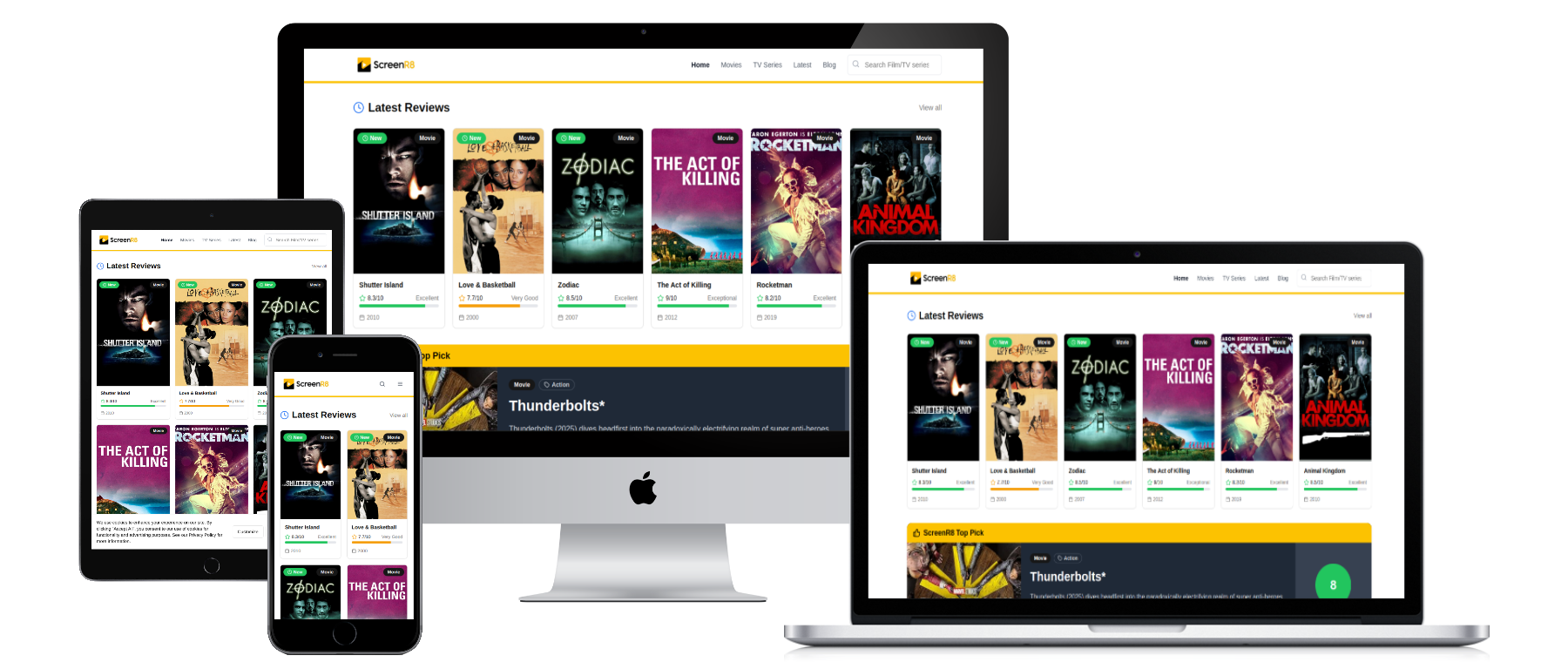 Responsive website design for ScreenR8 shown on multiple devices
